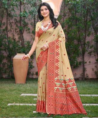 Beige with  red color smart woven designer assam silk saree 1