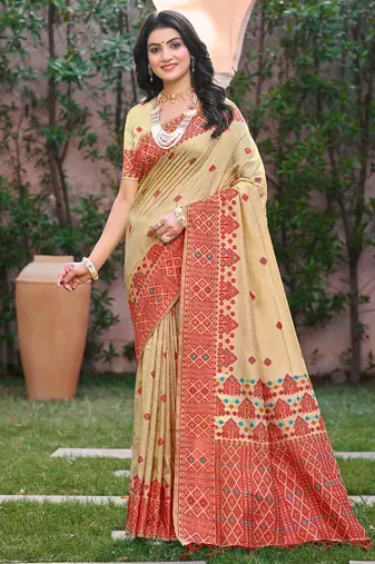 Beige with  red color smart woven designer assam silk saree