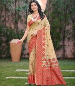 Beige with  red color smart woven designer assam silk saree