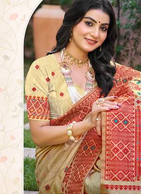 Beige with  red color smart woven designer assam silk saree 2