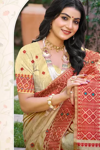 Beige with  red color smart woven designer assam silk saree