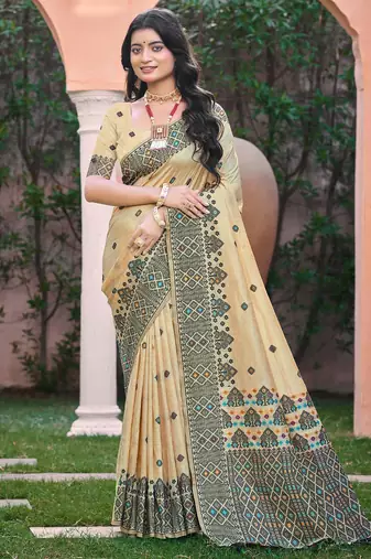 Beige with black color smart woven designer assam silk saree