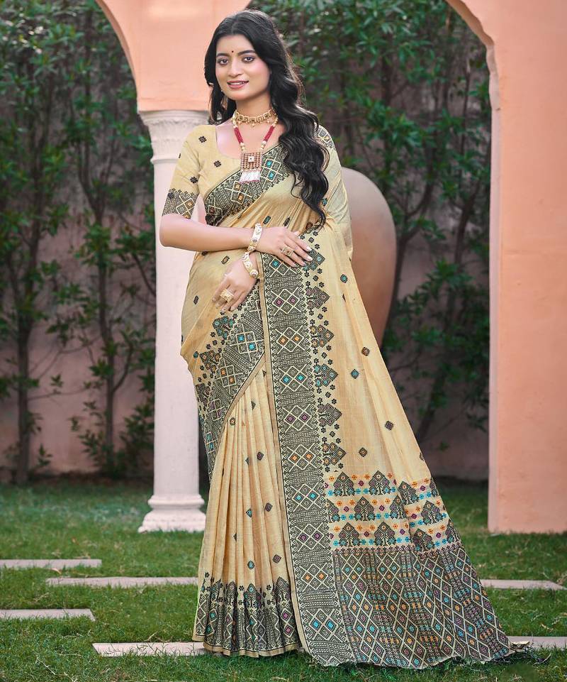 Beige with black color smart woven designer assam silk saree