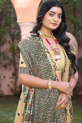 Beige with black color smart woven designer assam silk saree
