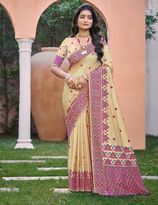 Beige with pink color smart woven designer assam silk saree 1