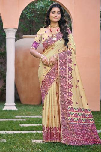 Beige with pink color smart woven designer assam silk saree