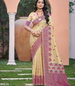 Beige with pink color smart woven designer assam silk saree