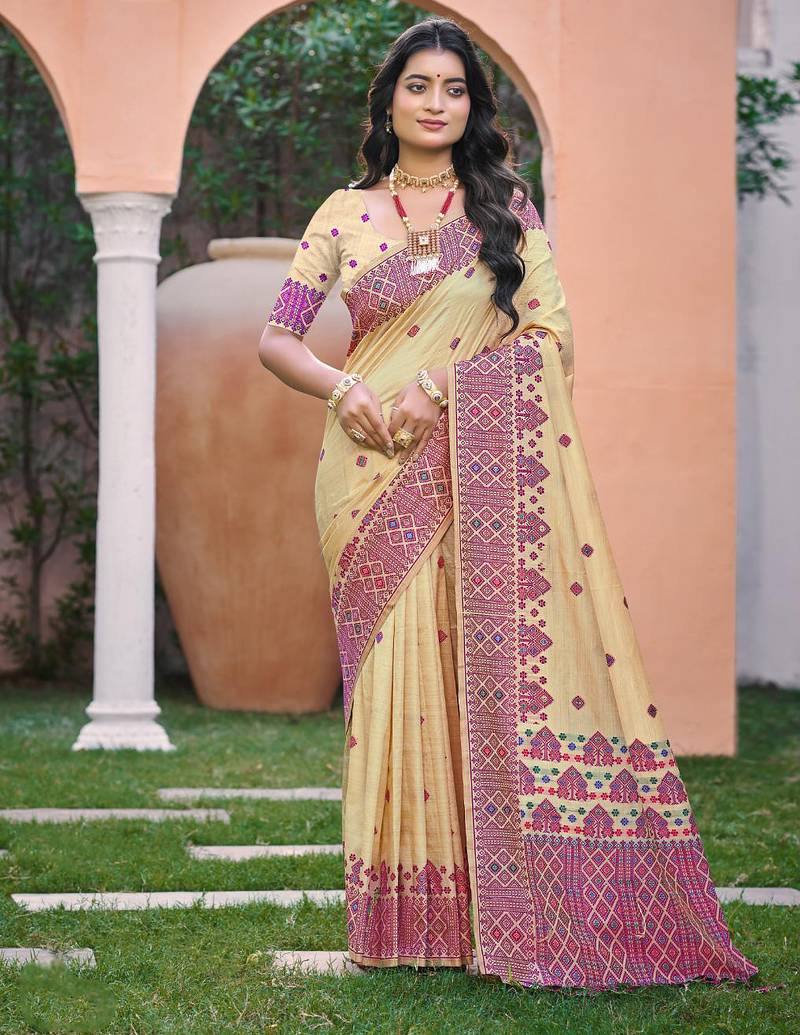 Beige with pink color smart woven designer assam silk saree