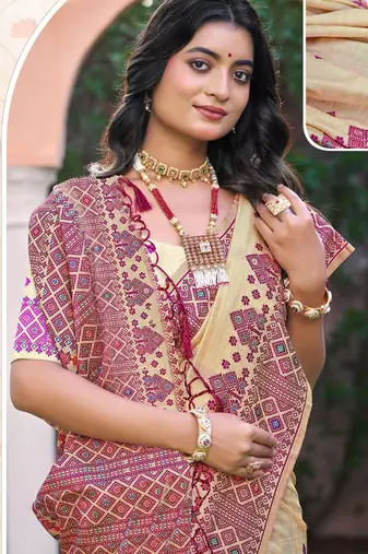 Beige with pink color smart woven designer assam silk saree