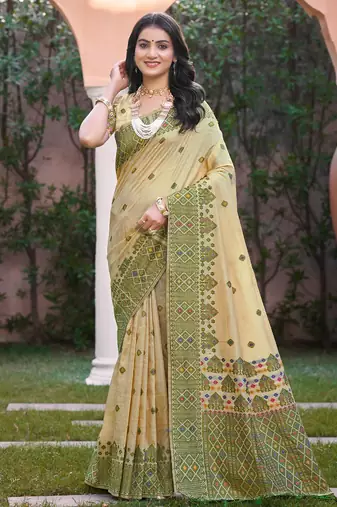 Beige with green color smart woven designer assam silk saree