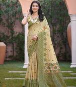 Beige with green color smart woven designer assam silk saree
