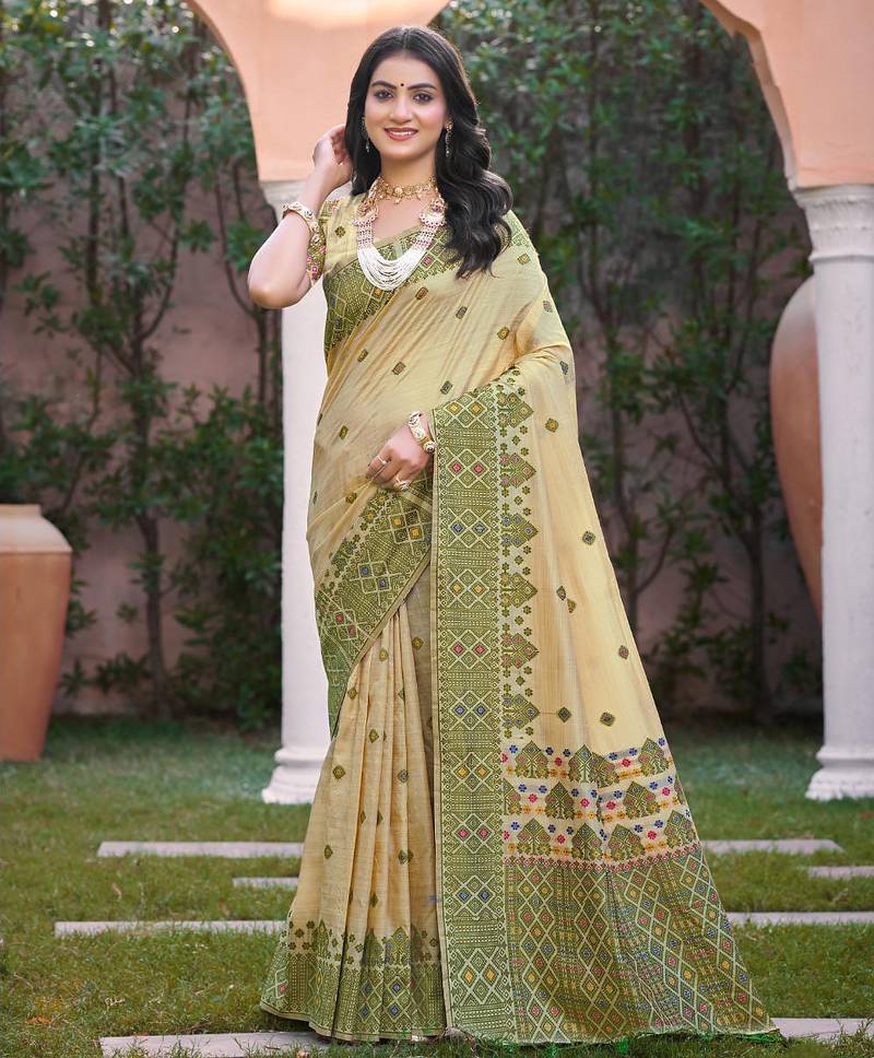 Beige with green color smart woven designer assam silk saree