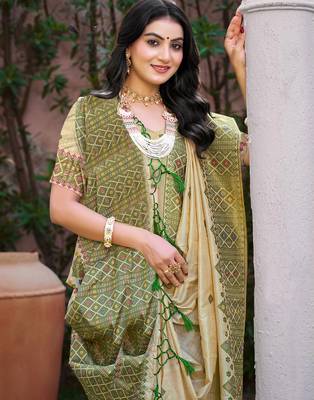 Beige with green color smart woven designer assam silk saree 2