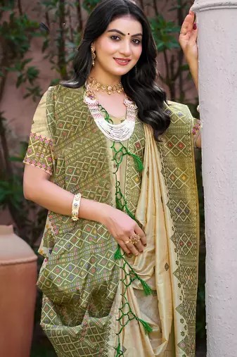 Beige with green color smart woven designer assam silk saree