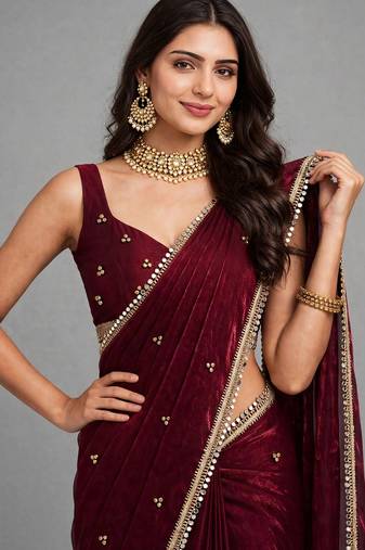 designer saree with ghunghru handwork and mirror lace