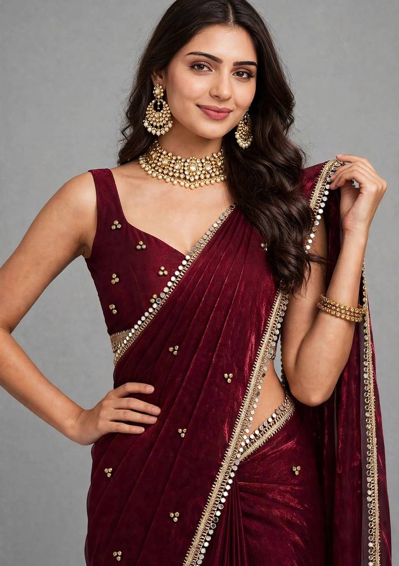 designer saree with ghunghru handwork and mirror lace