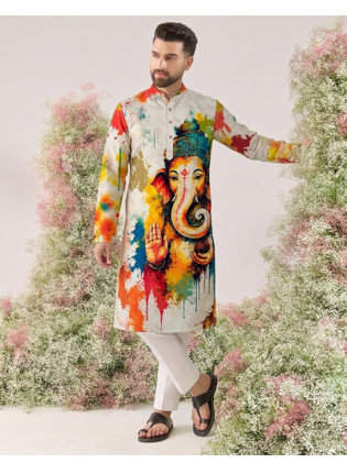 Ganesha Carnival Special Cotton Digital Printed Crochet Sequin Work Men's Kurta With Bottom 1