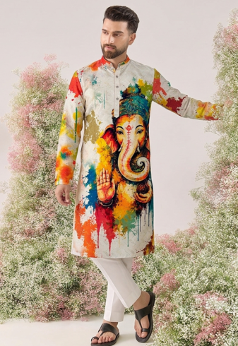 Ganesha Carnival Special Cotton Digital Printed Crochet Sequin Work Men's Kurta With Bottom