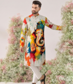 Ganesha Carnival Special Cotton Digital Printed Crochet Sequin Work Men's Kurta With Bottom
