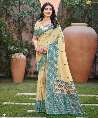 Beige with teal blue color smart woven designer assam silk saree 1