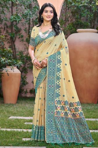 Beige with teal blue color smart woven designer assam silk saree