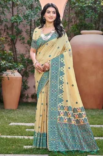 Beige with teal blue color smart woven designer assam silk saree