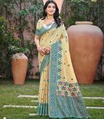 Beige with teal blue color smart woven designer assam silk saree