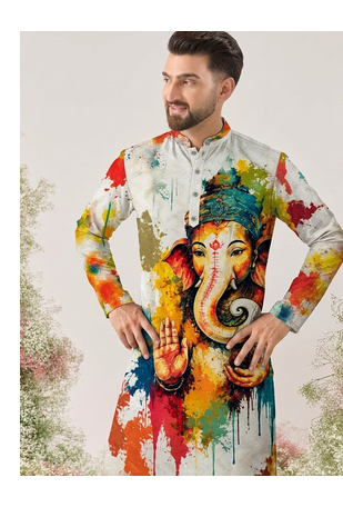 Ganesha Carnival Special Cotton Digital Printed Crochet Sequin Work Men's Kurta With Bottom 2