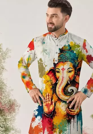 Ganesha Carnival Special Cotton Digital Printed Crochet Sequin Work Men's Kurta With Bottom