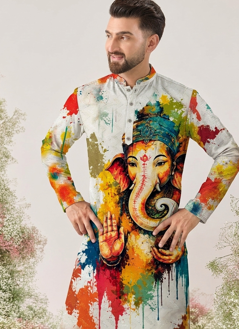 Ganesha Carnival Special Cotton Digital Printed Crochet Sequin Work Men's Kurta With Bottom