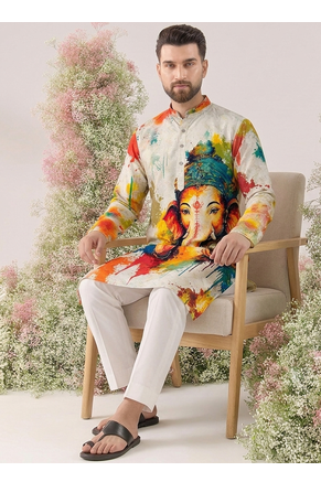 Ganesha Carnival Special Cotton Digital Printed Crochet Sequin Work Men's Kurta With Bottom 3