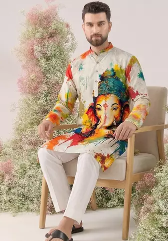 Ganesha Carnival Special Cotton Digital Printed Crochet Sequin Work Men's Kurta With Bottom