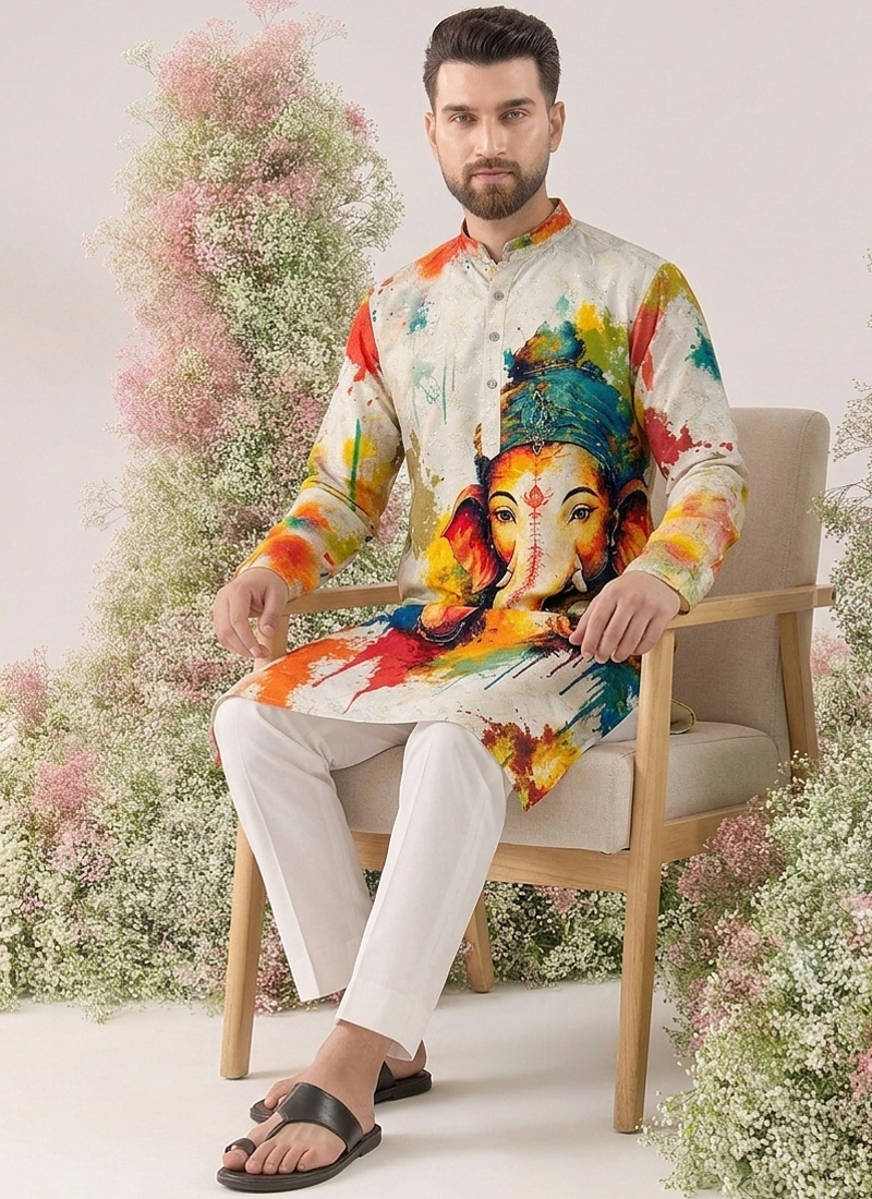 Ganesha Carnival Special Cotton Digital Printed Crochet Sequin Work Men's Kurta With Bottom
