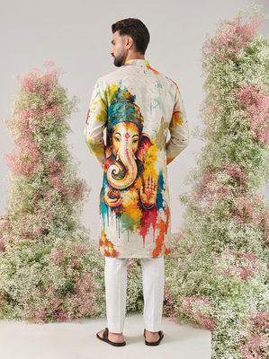 Ganesha Carnival Special Cotton Digital Printed Crochet Sequin Work Men's Kurta With Bottom 4