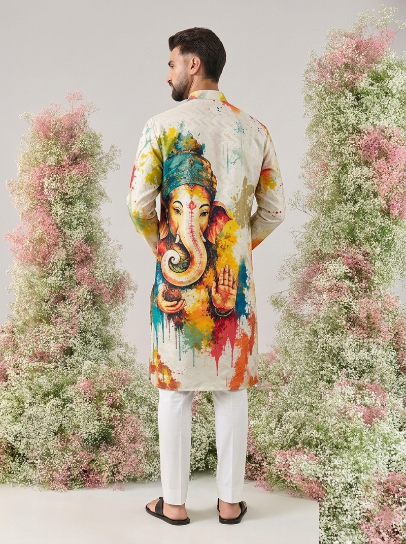Ganesha Carnival Special Cotton Digital Printed Crochet Sequin Work Men's Kurta With Bottom