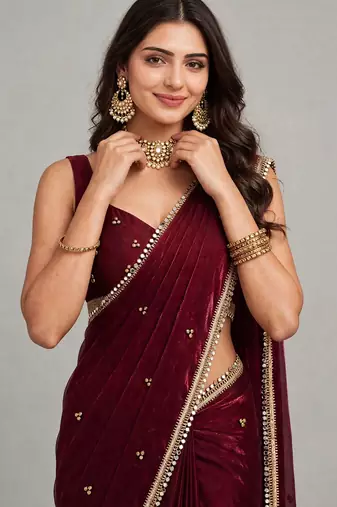 designer saree with ghunghru handwork and mirror lace