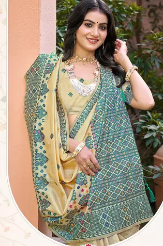 Beige with teal blue color smart woven designer assam silk saree
