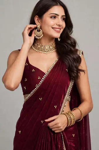 designer saree with ghunghru handwork and mirror lace
