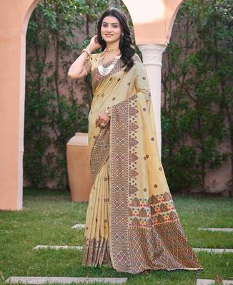 Beige with wine color smart woven designer assam silk saree 1