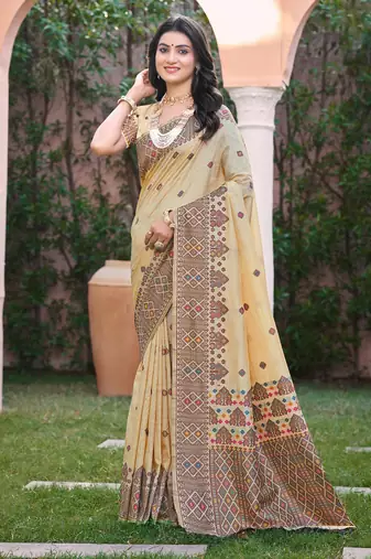 Beige with wine color smart woven designer assam silk saree