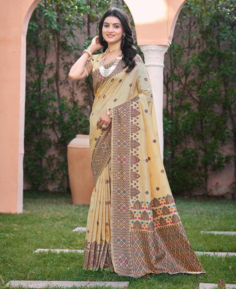 Beige with wine color smart woven designer assam silk saree