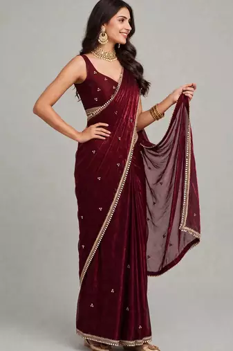 designer saree with ghunghru handwork and mirror lace