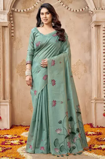 Green color jute linen beautiful sophisticated rich looks saree