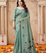 Green color jute linen beautiful sophisticated rich looks saree
