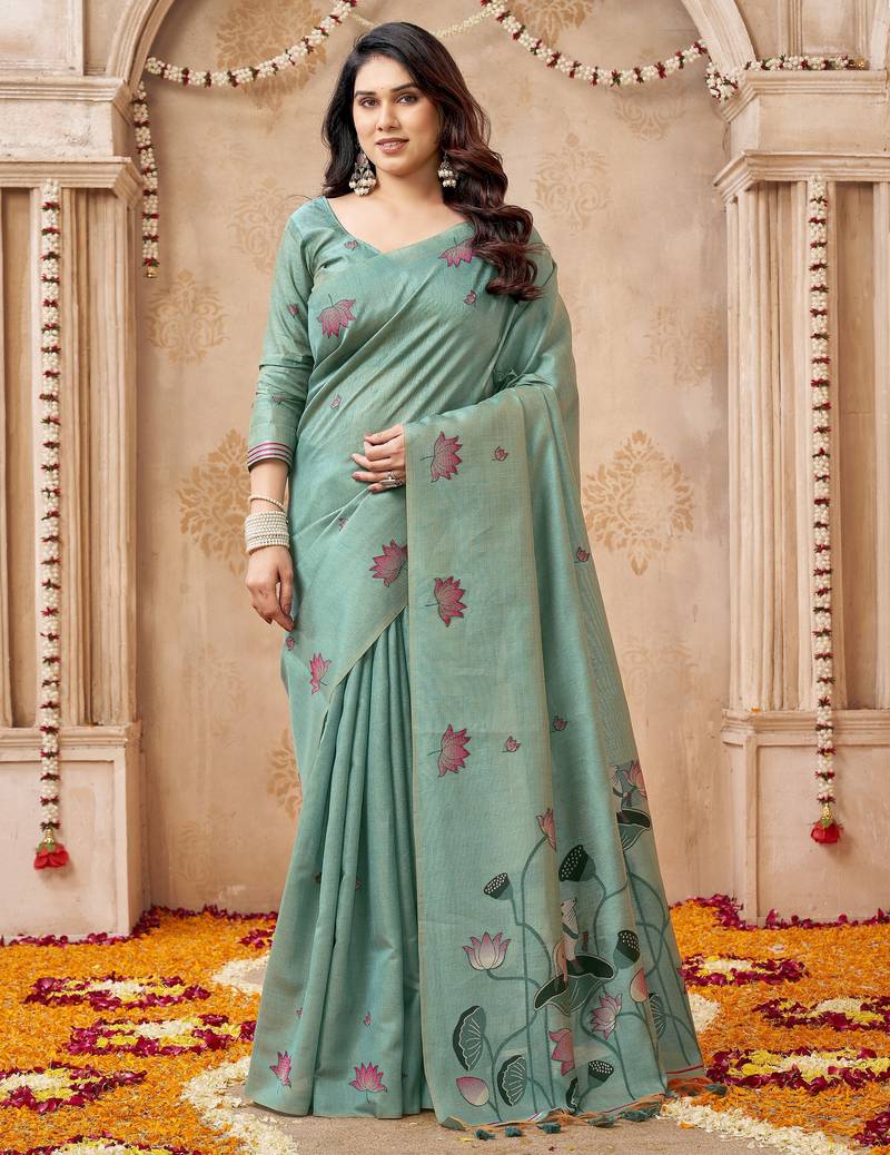 Green color jute linen beautiful sophisticated rich looks saree