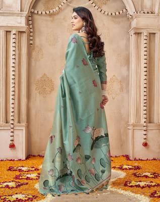 Green color jute linen beautiful sophisticated rich looks saree 2