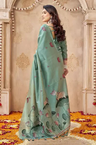 Green color jute linen beautiful sophisticated rich looks saree