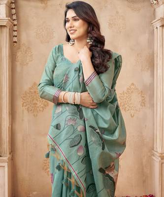 Green color jute linen beautiful sophisticated rich looks saree 3