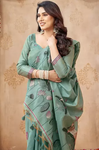 Green color jute linen beautiful sophisticated rich looks saree