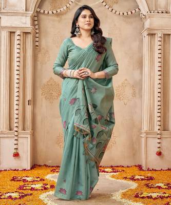 Green color jute linen beautiful sophisticated rich looks saree 4